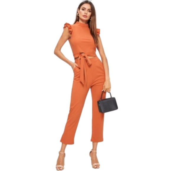 SHEIN Pants - Shein Contrast Ruffle Cuff Knot Hem Top With Pants bloggers Fav
